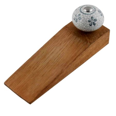 Grey Floral Crackle Ceramic Wooden Door Stopper
